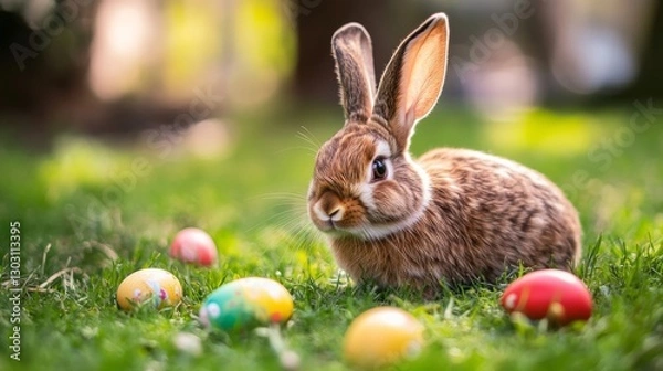 Fototapeta Easter bunny with colorful decorated easter eggs on lush green grass in outdoor spring setting, symbolizing festive holiday celebration.


