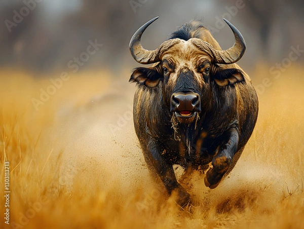 Fototapeta Cattle Running Through a Sunlit Forest Path During the Early Morning Hours With Dust Rising From the Ground