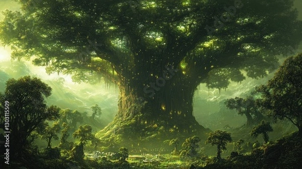 Fototapeta Enchanting ancient tree in mystical forest landscape. Possible use fantasy, nature, environment, imagination