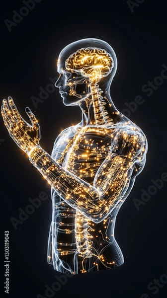 Fototapeta A remarkable hologram depicts the human form, showcasing intricate internal structures. Luminous lines represent vital systems, highlighting the brain and nervous pathways in stunning detail