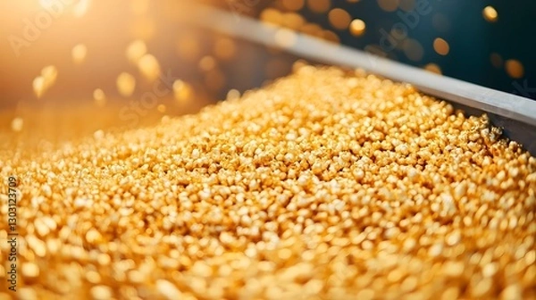 Fototapeta Golden Popcorn Flowing Through an Industrial Processing Machine
