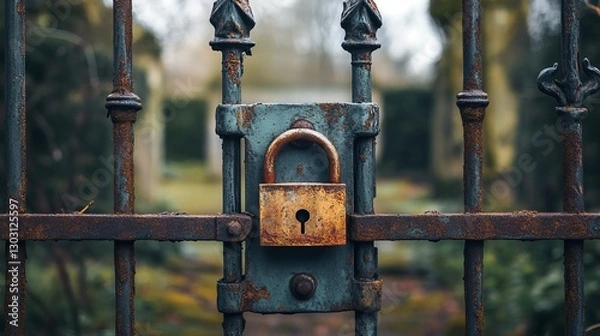Fototapeta A large iron gate secured firmly with a padlock. 