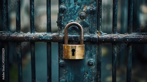 Fototapeta A large iron gate secured firmly with a padlock. 