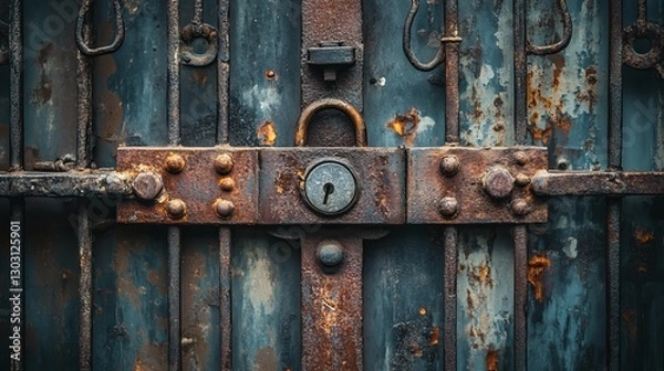 Fototapeta A large iron gate secured firmly with a padlock. 