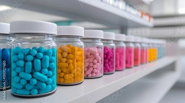 Obraz Colorful Pharmaceutical Drug Containers in a Modern Laboratory