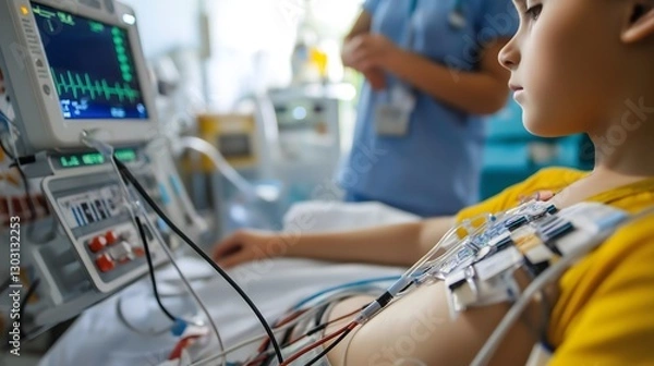 Fototapeta Boy lying on medical bed with monitoring equipment in a hospital room during a healthcare procedure in the morning