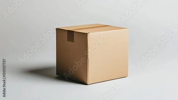 Fototapeta Ultra-realistic studio shot of a closed brown parcel box on a white background, sharp lighting, subtle shadows, high detail textures.
