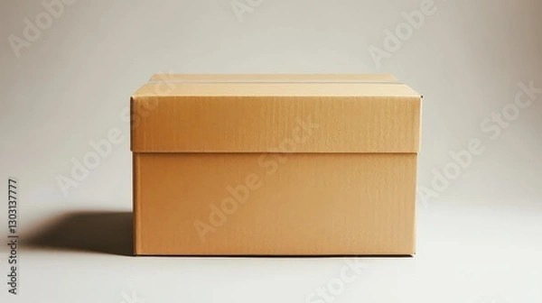 Obraz Ultra-realistic studio shot of a closed brown parcel box on a white background, sharp lighting, subtle shadows, high detail textures.