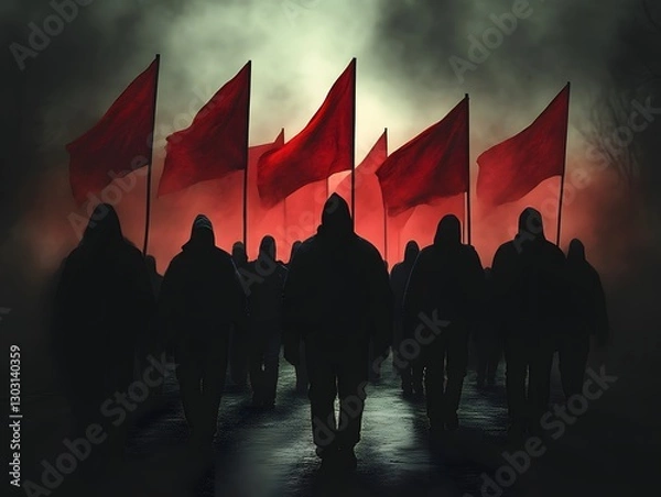 Fototapeta Red Flag Protest March in Foggy Forest