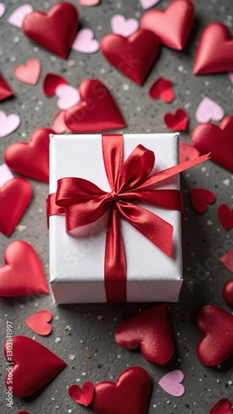 Fototapeta Valentine's Day Gift Box with Red Ribbon and Heart Confetti on Stone Background | Perfect for Holiday Marketing Campaigns