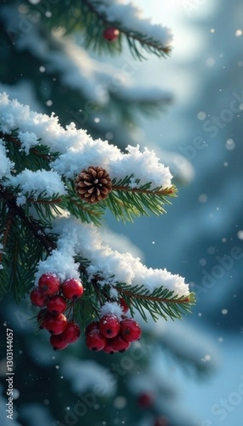 Fototapeta Sparkling snow-covered pine branches, pinecones, berries , peaceful, graphic, element