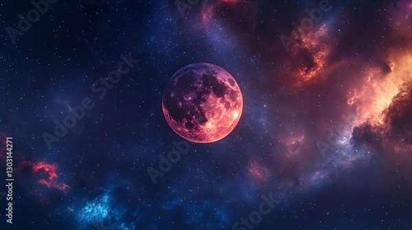 Fototapeta A vibrant lunar eclipse with the moon appearing deep red against a starry backdrop