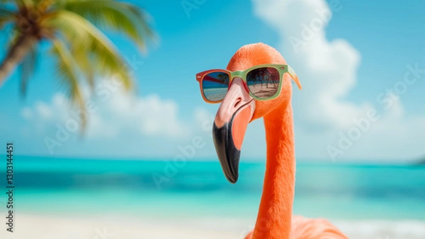 Obraz Playful Flamingo with Sunglasses Against a Tropical Beach Backdrop in Bright Sunlight and Vibrant Blue Ocean