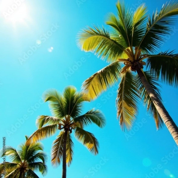 Fototapeta Sun-drenched coconut palms sway gently against a vibrant blue sky , idyllic, exotic, sunlight