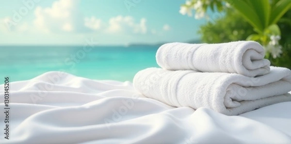 Fototapeta White sheets and towels billowing gently in a summer breeze , fabric, wind