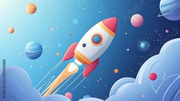 Fototapeta Rocket Launching into Space: A Cartoon Illustration