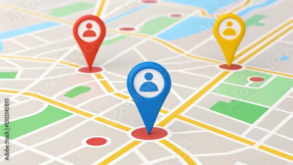 Fototapeta close up of map with colorful location pins indicating various spots. vibrant red, blue, and yellow pins represent different locations, creating visually engaging layout