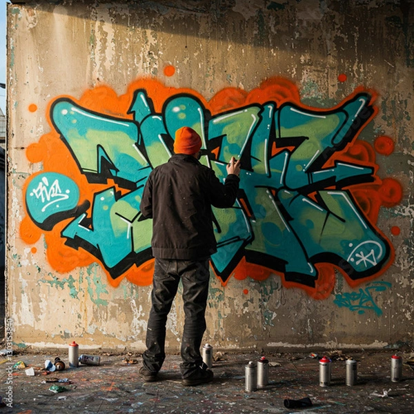 Obraz man draws graffiti on wall