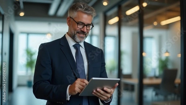 Fototapeta Happy middle aged business man ceo wearing suit standing in office using digital tablet. Smiling mature businessman professional executive manager looking away thinking working on tech device.