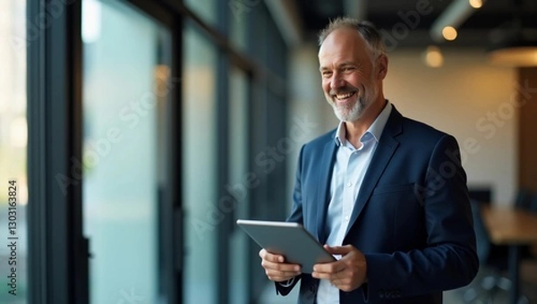 Fototapeta Happy middle aged business man ceo wearing suit standing in office using digital tablet. Smiling mature businessman professional executive manager looking away thinking working on tech device.