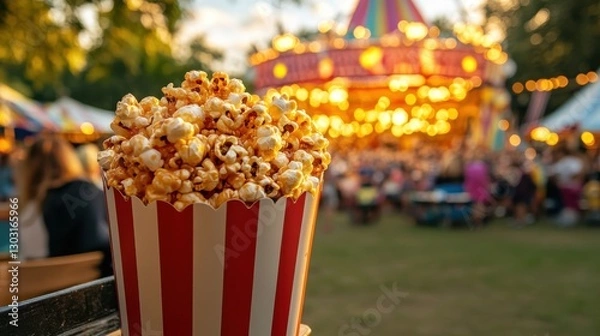 Obraz Popcorn Vendor Cart at a Festive Carnival Scene