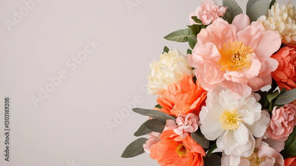 Fototapeta vibrant bouquet of artificial flowers in shades of pink, white, and orange, showcasing intricate petals and lush greenery. Perfect for decoration