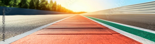 Fototapeta focused shot of racing track under bright daylight, showcasing vibrant colors and clear perspective