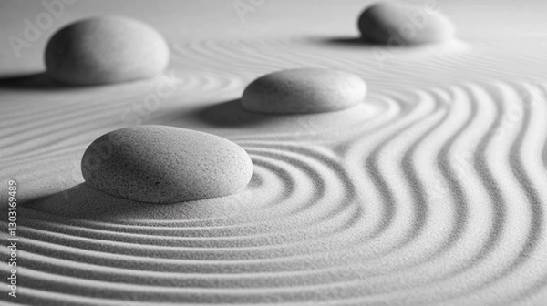 Obraz Explore the tranquility of a peaceful Zen garden with carefully raked sand and smooth stones promoting mindfulness and relaxation in natural surroundings. Generative AI