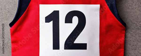 Fototapeta Close up of racing bib with number 12 on red background, symbolizing competition and athleticism