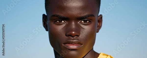 Fototapeta Determined expression of young man against clear blue sky, showcasing confidence and strength