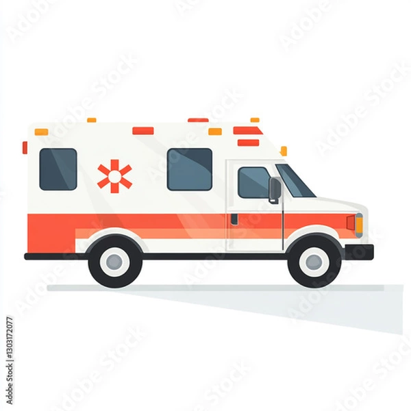 Obraz A side view of an ambulance with a red and white color scheme, emergency lights on top, and a medical symbol on the side.