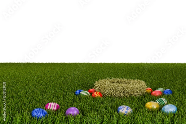 Fototapeta Easter eggs and straw nest on green grass with empty space