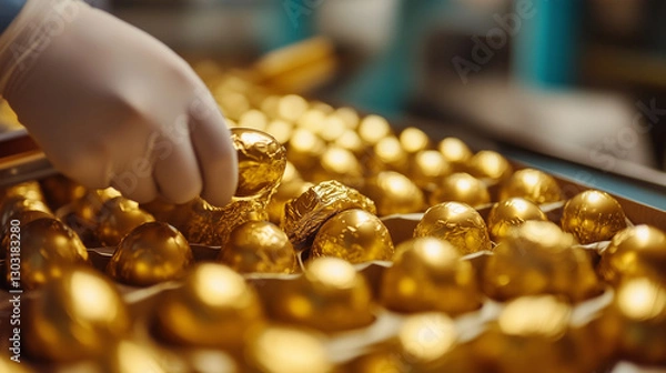 Fototapeta A hand picks golden chocolate pieces in a confectionery, showcasing a sweet shop and candy factory with chocolate bar packaging and chocolate treats.