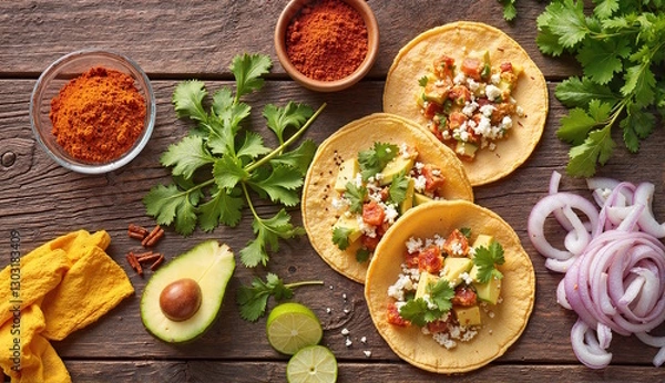 Fototapeta Vibrant cinco de mayo tacos with fresh vegetables and spices on rustic wooden table for fiesta celebration
