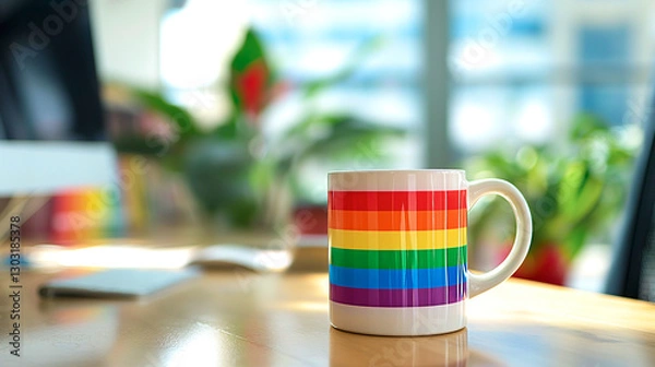 Fototapeta White Mug with Rainbow Stripe Flag Print, Modern Open Office Desk, Meeting Room Table. Equality, Diversity, Human Rights. LGBTQ+ Pride Symbol. Professional, Corporate. Colorful Minimal, Happy Mood