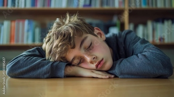 Fototapeta Tired sleepy napping exhausted fatigued overworked overload pupil teen boy teenager sleep, boring class lesson sleeping at table school