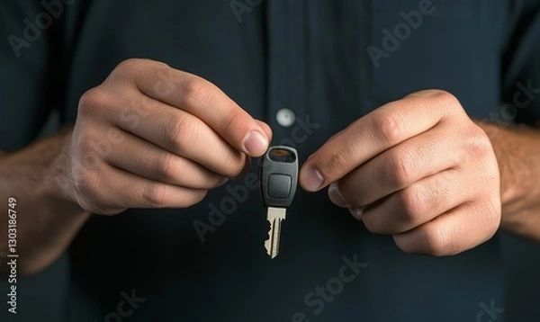 Obraz Man holding car key towards camera.