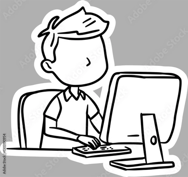 Fototapeta Hand-Drawn Kid Using Computer, Black and White Sketch