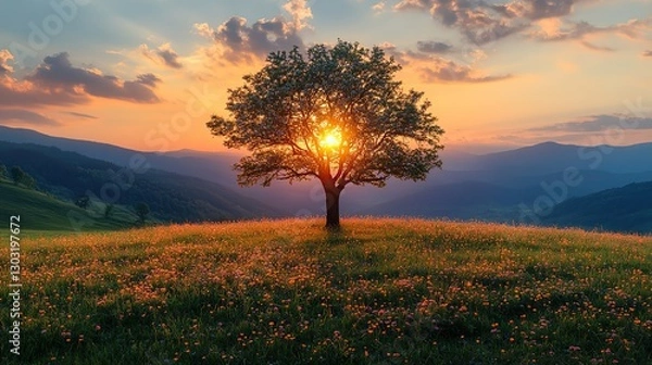 Fototapeta beautiful sunset in the mountains landscape with green meadow and lonely tree