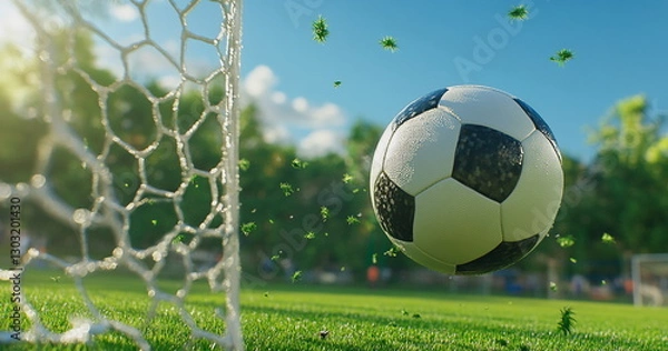 Obraz Soccer ball on field with net in background. Ideal for team spirit visuals, school sports, or training day. Keywords: green grass, football goal, ball on field.

