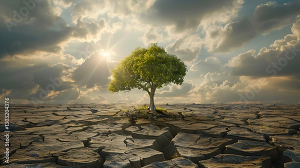 Fototapeta A majestic tree growing in the middle of a cracked desert, symbolizing hope