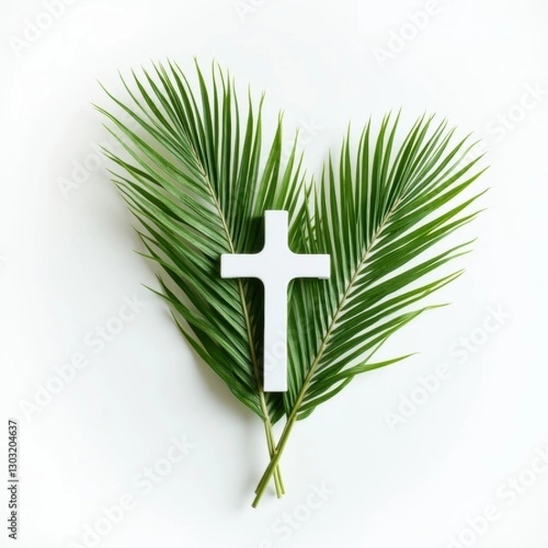 Obraz Close-up of green palm leaves with a white cross in the center, symbolizing Palm Sunday on a clean white background, representing faith and celebration.