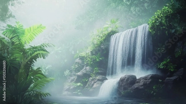 Fototapeta Waterfall cascading down rocks in a lush jungle, surrounded by green foliage, mist rising, dramatic nature background