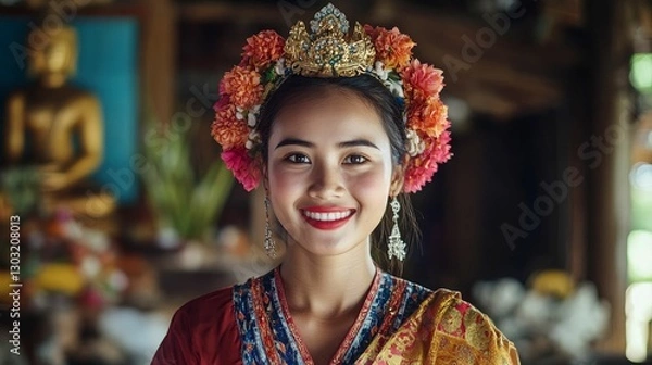 Fototapeta Smiling woman wearing ornate headpiece and cultural dress.