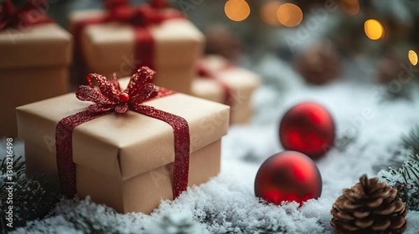 Fototapeta background with gift boxes and decorations on snow copy space