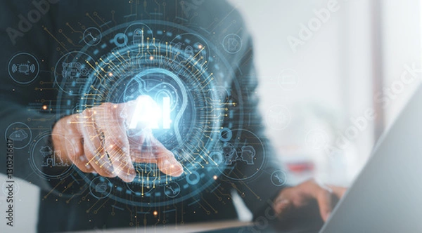 Fototapeta businessman using Ai technology in business by artificial intelligence,  smart robot AI, Futuristic technology transformation, using AI technology for developing running business on cloud computing