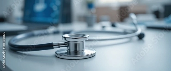 Obraz Stethoscope resting on a doctors desk with blurred medical equipment