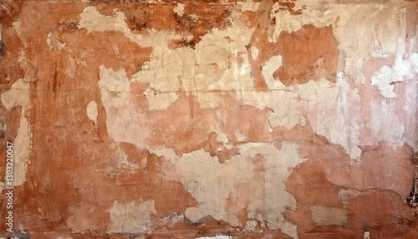 Fototapeta aged peeling plaster wall texture with earthy ochre and terracotta tones, rustic weathered surface for vintage background