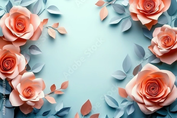 Fototapeta Elegant paper cutout floral frame with pastel roses and delicate leaves on a soft blue background. Concept of romantic invitations, wedding decor, and artistic design.