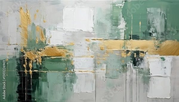 Fototapeta modern abstract oil painting with textured gold accents on green and white background, luxury wall art for elegant interiors

